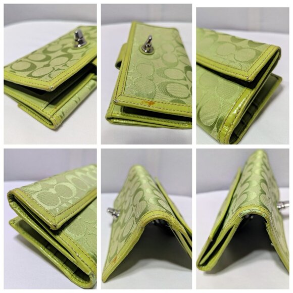 Coach Signature Canvas Patent Leather Turn Lock Long Wallet Lime Green Silver - Picture 12 of 12